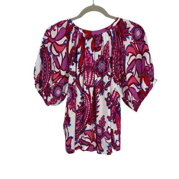 Karen Kane Top Pink Floral Puff Sleeve Button up Crepe Tropical - Picture 3 of 10